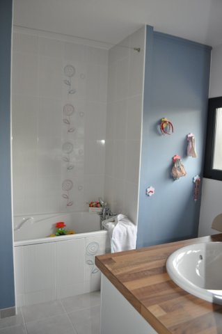 Une salle de bains simple et fonctionnelle, avec une baignoire pour les enfants.