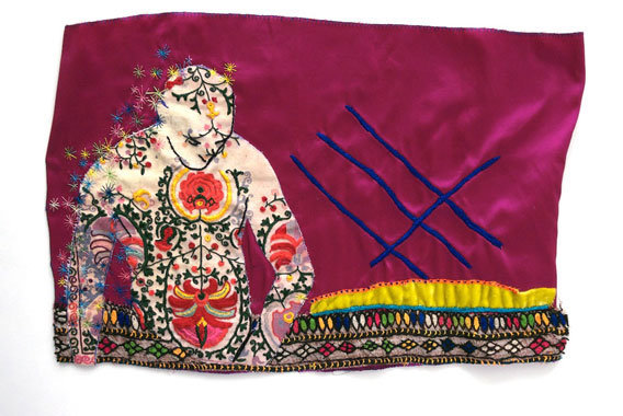 Broderie sur lin et satin en fils de soie et rayonne