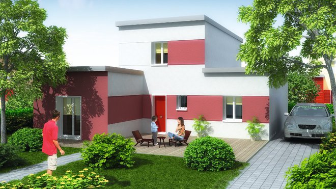 Avec enduit extérieur coloré, modèle Audace, 116,76 m² habitables, à partir de 132 900 €. Norme RT 2012.