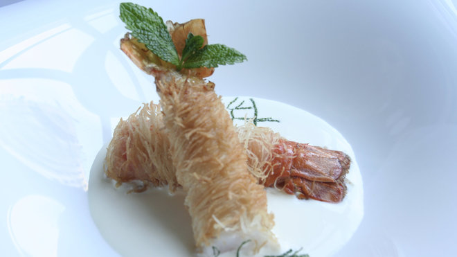 Les belles langoustines fraîches en Kadaïf justes saisies.