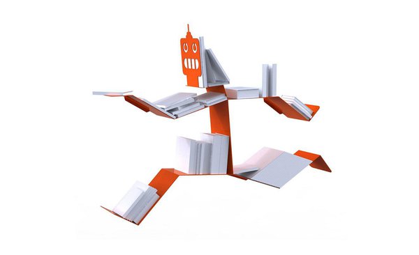 Une touche d’humour pour cette étagère métallique qui existe en orange, blanc et noir. Etagère Robook Thomas de Lussac. Bambins Deco.