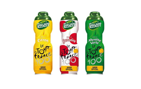 Les bouteilles Teisseire sont customisées à l’occasion du 100ème Tour de France et s'habillent d'un effet textile. Maillot jaune pour le sirop Citron, maillot vert pour le sirop Menthe, et maillot à pois pour le sirop Grenadine. A vous de choisir !