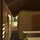 Le volume intérieur se compose de boîtes. La lumière arrive de tous les côtés. Deux coursives latérales longeant les façades assurent la circulation.