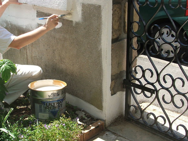 Etape 16 : Commencer la mise en peinture en réchampissant le pourtour du pan de mur. Appliquer la peinture à la brosse de pouce en écrasant bien les soies de la brosse. Eventuellement, redoubler cette opération dans la foulée afin de bien couvrir le support.