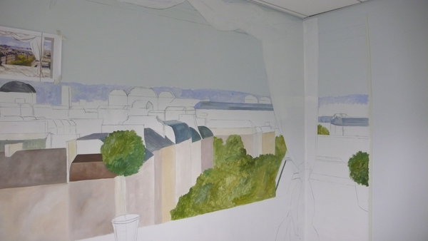 Etape 11 : Pour le feuillage : terre d’ombre, ocre jaune, vert oxyde, jaune primaire. Cette peinture a une bonne opacité et sèche très vite.