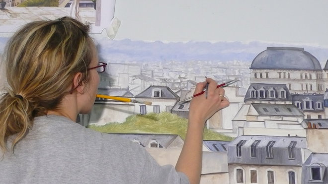 Etape 19 : Ici, on arrive à un stade ou les détails deviennent abstraits. On recherche ici une «  impression de toits ».