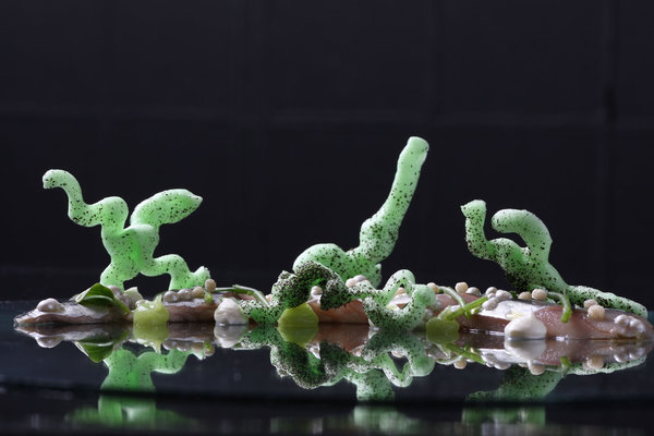 Un exemple du talent de Jean-George Klein : Caviar gold, Lisette marinée et sa garniture de la Mangrove.