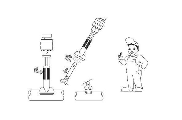Etape 3 : Inversez le sens de rotation de la perceuse (dévissage), et maintenez le porte-outil jusqu’au verrouillage automatique. Poursuivez la rotation afin d’extruder. Ensuite, inversez le sens de rotation de la perceuse (vissage) pour enlever l’outil à extruder, afin de ramener la vis de l’extrudeur en position initiale. Retirez l’outil. Attention, maintenez fermement la perceuse !