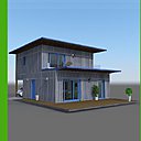 Maison de type T4 avec étage, toiture-terrasse et abri voiture. Surface de 92 m². On peut combiner plusieurs modules afin de créer de nouvelles pièces à vivre, ou même un étage supplémentaire. Il est ainsi possible de faire du sur-mesure dans la limite des dimensions des modules qui mesurent 3 m x 3 m (9 m² minimum), soit toujours avec des multiples de 9 m².