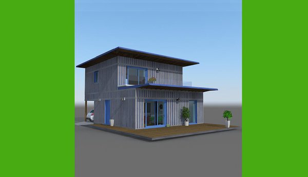 Maison de type T4 avec étage, toiture-terrasse et abri voiture. Surface de 92 m². On peut combiner plusieurs modules afin de créer de nouvelles pièces à vivre, ou même un étage supplémentaire. Il est ainsi possible de faire du sur-mesure dans la limite des dimensions des modules qui mesurent 3 m x 3 m (9 m² minimum), soit toujours avec des multiples de 9 m².