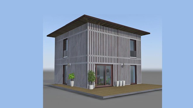 Maison de type T4, avec étage et possibilités de mezzanines intégrées dans le volume. Surface possible jusqu’à  93 m². Les maisons sont entièrement fabriquées en pin des Landes, purgé de ses défauts et nœuds. Les planches plus propres aboutées sont traitées avec un hydrosaturateur, qui donne une patine grisée et va ensuite se développer naturellement avec le temps.