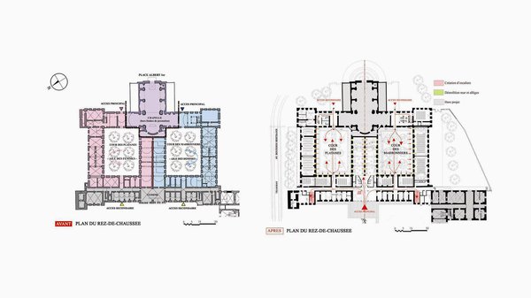 Les plans originaux de l’Hôpital Général Saint-Charles présentent deux cours disposées de part et d’autre d’un axe de symétrie matérialisé par un épais mur de séparation. Cette barrière coupait longitudinalement le corps du bâtiment central en deux zones étanches : l’aile des femmes et sa cour des platanes, et l’aile des hommes avec sa cour des marronniers. Le mur a été percé au rez-de-chaussée et remplacé par un poteau au premier niveau.
