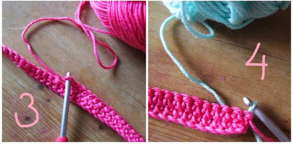 3 retournez le travail et crochetez un range de maille serrée - 4 changez de couleur de laine