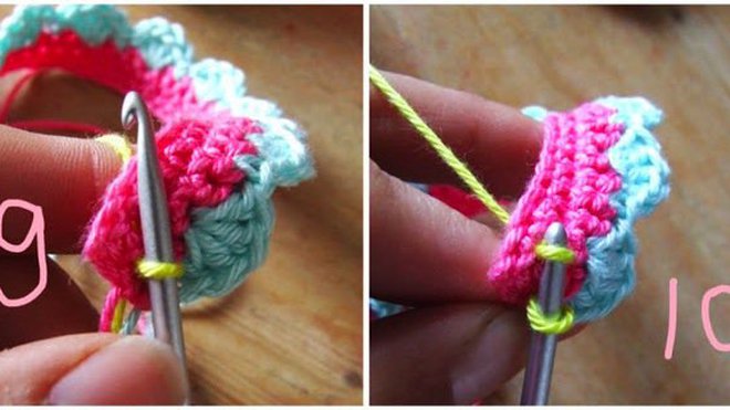 9 avec une laine contrastée, piquez entre les 2 rangs de mailles serrées - 10 piquez le crochet, le ressortir dans le trou suivant . 9 avec une laine contrastée, piquez entre les 2 rangs de mailles serrées - 10 piquez le crochet, le ressortir dans le trou suivant .