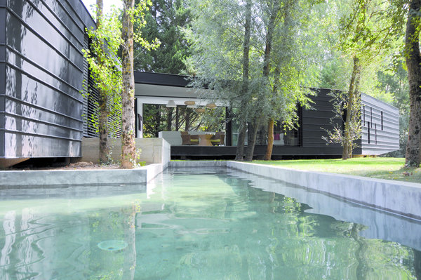 Décollée du sol et en porte-à-faux, sur un étang, elle se glisse entre les arbres sans qu’aucun n’ait été sacrifié. Un jeu de cloisons vitrées mobiles rend l’espace fluide, et autorise le bassin à carpes et à nénuphars à pénétrer jusque dans les pièces de vie. Cette maison écologique en ossature bois avec façade en zinc pré-patiné et verre, est construite sur une dalle béton avec utilisation de l’acier pour le porte-à-faux. Création If Architecture [Jean-Marie Pettès], Maison Serpentine à Lavaur (81), 2011.