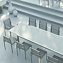 Sobriété, élégance et belle démarche écologique pour Ec-Inoks , un ensemble repas du designer Eric Carrère chez Sifas. Une structure en tube inox électropli et un plateau de table en dalle de verre trempé, recyclable et ultra résistant aux intempéries et aux UV.