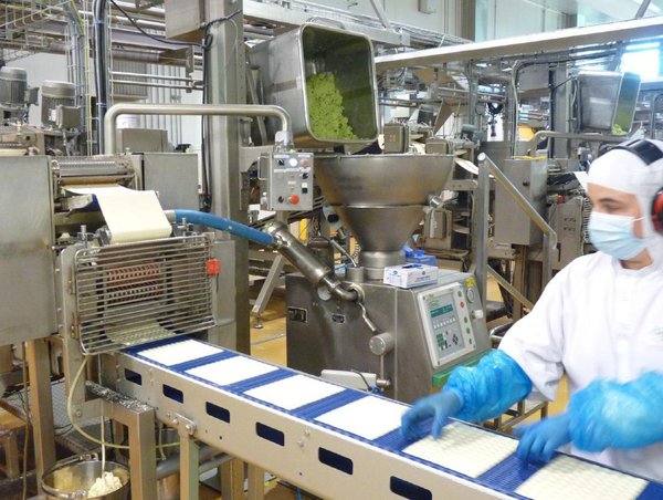 La pâte et la farce sont ensuite assemblées en passant dans un moule formant les plaques de 48 carrés.