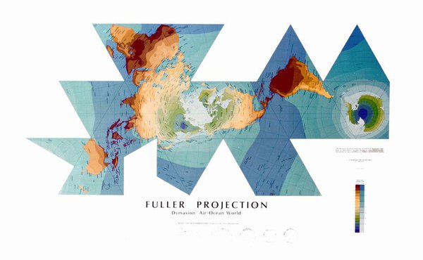 La carte Dymaxion, brevetée en 1946, représente la planète entière sur une carte plate, sans distorsion visible relative aux formes et aux tailles de ses continents.