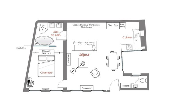 Plan de l'appartement après travaux. La cuisine aménagée dans un volume ouvert et courbe affichait autrefois une présence trop forte. Elle joue désormais à cache-cache avec l’espace, derrière un jeu de façades graphiques en blanc et noir.
