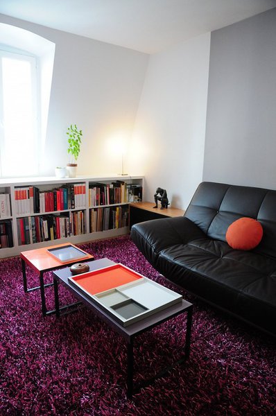 Dans cet espace en soupente, les livres colonisent aussi les murs sous les fenêtres de toit.