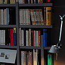 Une partie des étagères a été peinte en gris, comme le mur du plateau du premier niveau sur lequel s’adosse le canapé pour créer une continuité et accentuer la hauteur sous plafond.