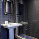 Les salles de bains utilisent le même code couleur, le gris et le bleu. Hôtel Mademoiselle.