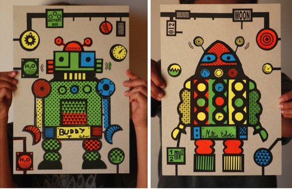 2 tableaux Cut Cut Robots finalisés avec les papiers découpés.