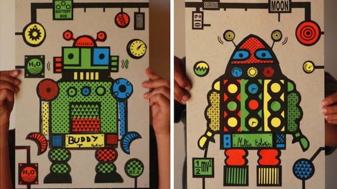 2 tableaux Cut Cut Robots finalisés avec les papiers découpés.