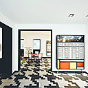 La fabrique de Lunettes est un lieu unique, dont l’architecture a été imaginée par Marc Ifrah Architecture. En passant la porte, vous entrez dans l’univers graphique des années 1950, avec un sol carrelé noir et blanc façon pied-de-poule, et des étagères habillées de formes géométriques et de couleurs primaires cernées de noir, signature du pionnier de l’art abstrait, Piet Mondrian.