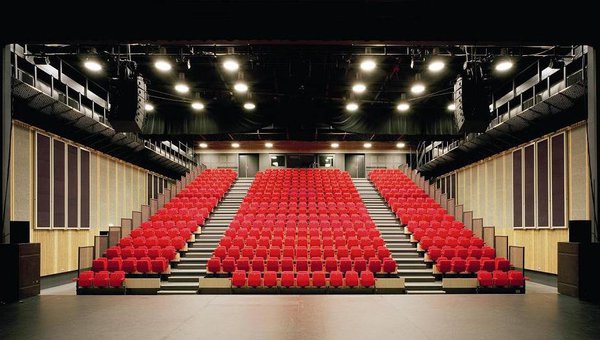 Dans la salle de spectacle, les reflets dorés de la vêture métallique symbolisent la richesse de la connaissance. Les panneaux aux tons cuivrés donnent à l’espace des allures de trésor vivant.