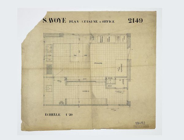 Plans de la cuisine et de l’office où l’architecture intérieure met en évidence la circulation et les rangements. Poissy, Villa Savoye, Charles-Edouard Jeanneret dit Le Corbusier (1887-1965).
