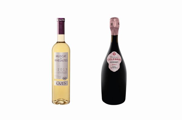 Pour accompagner un dessert glacé, le choix est vaste mais pas évident. Deux jolis exemples: un muscat de Rivesaltes Cazes ou un champagne rosé Gosset.