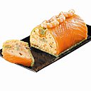 En entrée, version 2, une bûche de tourteau et gambas agrémentée d'un coulis de basilic, Toupargel.