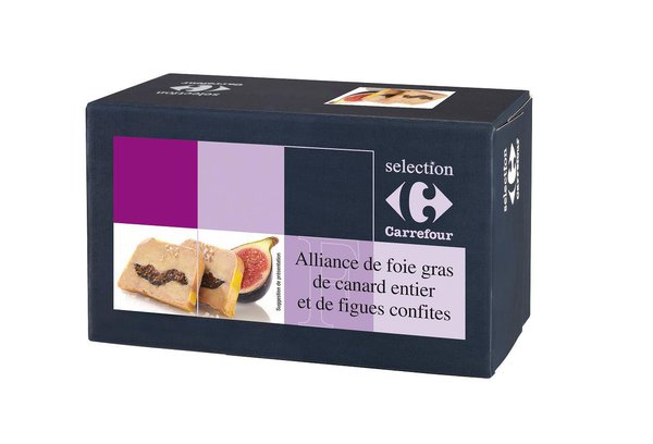 En entrée, version 1, un foie gras aux figues, Carrefour.