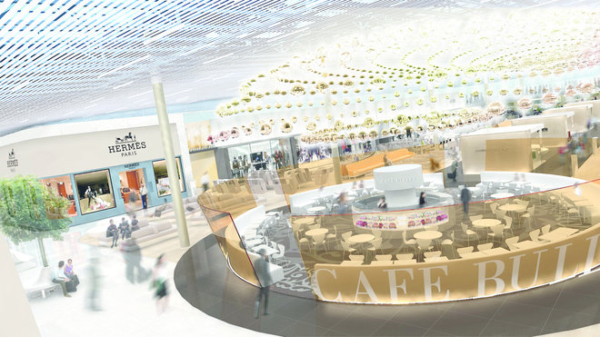 Dans le S4, nouvelle salle d’embarquement de l’aéroport Paris-Charles de Gaulle, mise en service en juin 2012, on trouve le café Bulles, dans un esprit champagne, auréolé par des bulles dorées lumineuses.