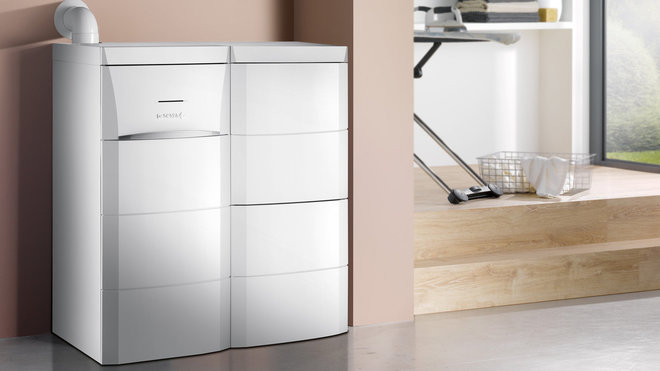 Chaudière à fioul à condensation Modulens De Dietrich (de 16,7 à 28,6kW). l. 120 x P. 68 x H. 120 cm. www.dedietrich-thermique.fr