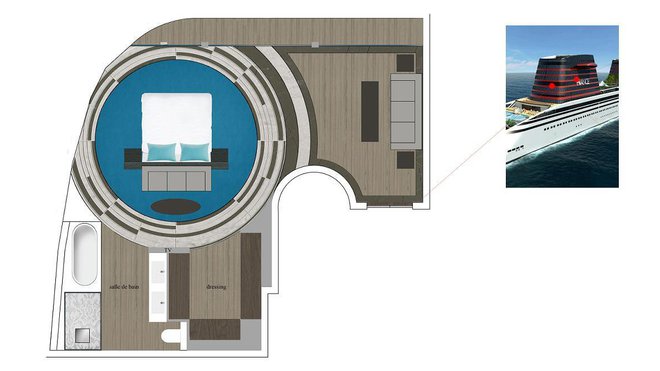 Projet d’aménagement d’une suite du Nouveau Paquebot France pour lequel elle a dessiné une suite spectaculaire de 70 mètres carrés avec un lit pivotant sur 360 degrés, placé devant la baie vitrée.
