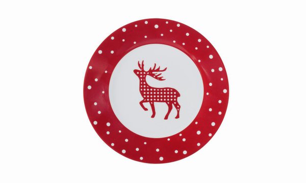 Casino fête Noël avec des assiettes rouges et illustrées d'u beau renne.