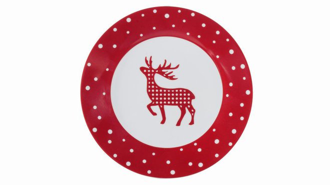 Casino fête Noël avec des assiettes rouges et illustrées d'u beau renne.