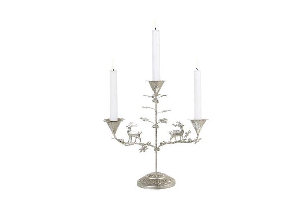 Grand bougeoir triple orné de cervidés très décoratifs. Côté Table.