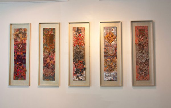 Tableaux textiles en mix de techniques tricotées et cousues de Françoise Tellier Loumagne.