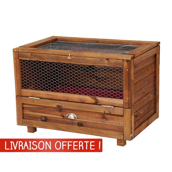 Clapier boudoir pour lapin d'intérieur en bois brun foncé avec tiroir litière intégré.