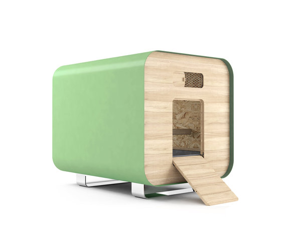 Poulailler Container Vert pâle créé spécialement par FARMILI en partenariat avec une agence de design et de paysagisme.