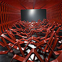 Succession de lames d’acier planes, le banc Interférences imaginé par Alexandre Moronnoz invite au repos, tandis que ses points d’appui au sol semblent aléatoires.