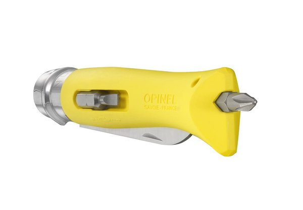 En jaune ou gris, l'Opinel brico intègre deux embouts : un tournevis plat pour vis de 4 mm et tournevis cruciforme pour vis de 3,5 à 5 mm.