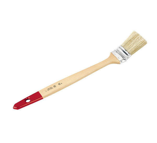 Brosse radiateur coudée : pour appliquer les peintures solvantées sur des surfaces à accès difficiles telles que les tuyaux ou les radiateurs.