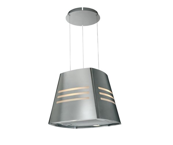 Façon lampe, cette hotte à recyclage pour îlot attire tous les regards. Ses fentes dessinées dans l’inox des 4 faces diffusent une lumière d’ambiance. 3 vitesses. Débit max de 460 m3/h. Niveau sonore de 61 à 70 dB. Hotte AD1079X. Brandt.