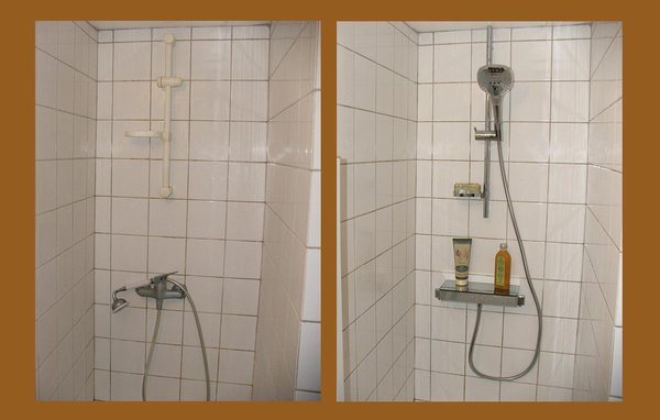 Avant: un vieux mélangeur mono-commande peu esthétique et sans puissance. Après: une vraie douche puissante, réglable et intégrant une tablette bien commode.