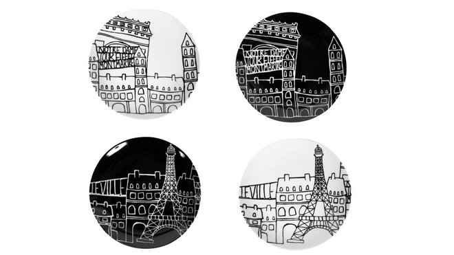 Une collection de vaisselle en porcelaine aux couleurs de la capitale. Au choix, assiettes, tasses à café, tasses à thé, chopes, gobelets... Collection Capitales. Paris noir & blanc. Sema Design.