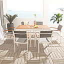 Urbain. Salon, Theome, structure en aluminium et eucalyptus, table, fauteuils en toile textilène, Squareline, 499 €.